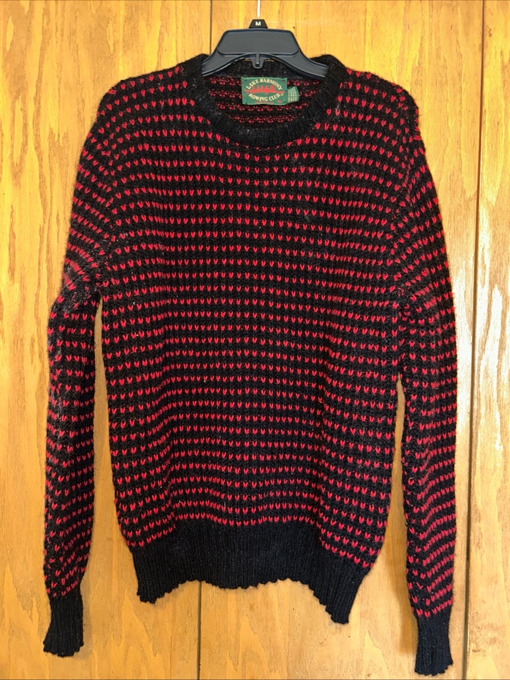 Vintage Lake Harmony Rowing Club Black & Red Patterned Wool Crewneck Sweater